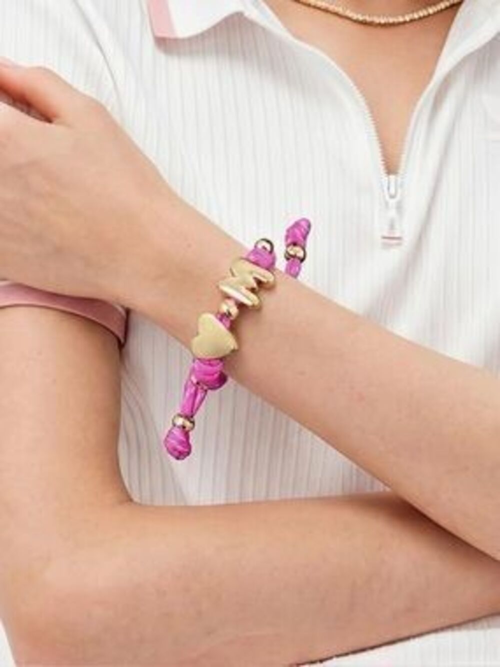 NEW 14k Gold Plated Pink Rope Bracelet with Gold Heart and 'M' Charm